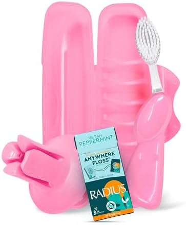 RADIUS Vacation Pastel Bundle, Includes Left Handed Big Brush with Replaceable Head, Toothbrush Travel Case, DOC Toothbrush Holder, Anywhere Travel Floss Packette, Pink, 4 Piece Bundle