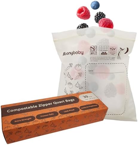 Moonybaby Compostable Quart Size Food Storage Bags (30 Count), Organic Food Storage Container with Food-Safe Zip Seal, Freezer and Leak Proof