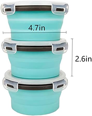 CCyanzi 3piece Round Collapsible Bowl with Lids, Silicone Food Storage Containers, Microwave & Freezer Safe, Space Saving for Kitchen Cabinet and Camping Backpack,(Blue Gray)