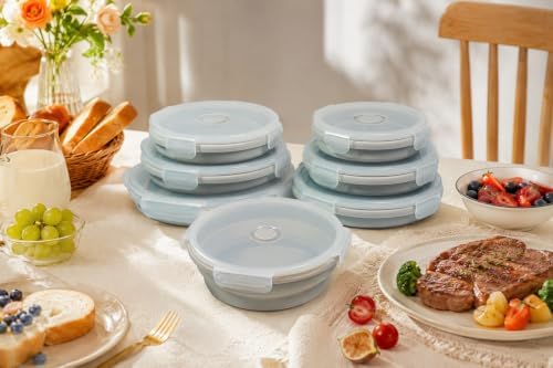 Plus 6PCS Foldable Silicone Food Storage Containers for Kitchen Storage for Leftovers Fruits and Meal Prep Dishwasher Safe Microwave Safe Ideal for Home and Travel (grey, round)