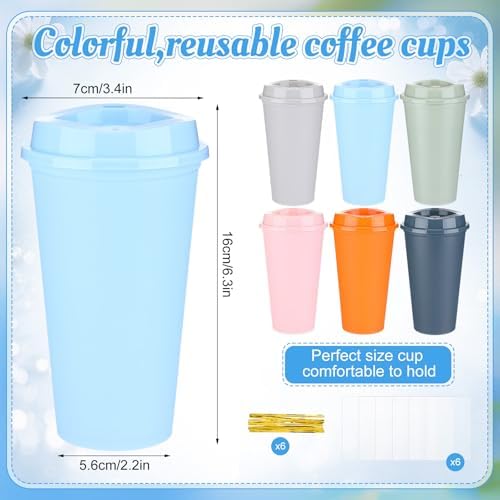 Hushee 6 Pcs Reusable Coffee Cups with Lids Bulk and 6 Pcs Women's Heart Socks 16 oz Travel Mug Plastic Tumblers for Birthday Holiday Gifts Party Favors (Pink)