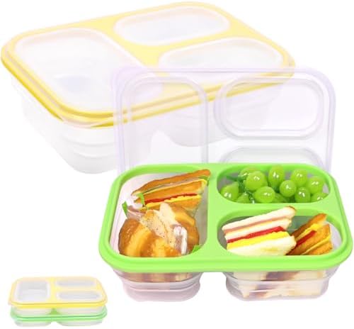 2 Pack Big Collapsible Full Silicone Bento Lunch Boxes With Lids, 3 Compartments, 45.6oz, Clear Divided Lunch Food Storage Containers, Safe in Microwave, Dishwasher and Freezer, BPA Free