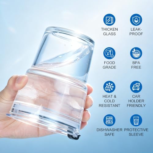 Mrsdry 12oz Iced Coffee Cup with Lids and Straws, BPA Free Reusable Glass Coffee Cups with Silicone Sleeves for Coffee, Iced tea, Thick Wall Glass Cup