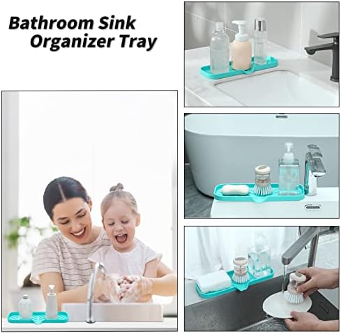 MicoYang Silicone Soap Dish with Drain Spout — Self-Draining Double Sink Organizer Tray for Kitchen & Bathroom, Dispensers, Sponges & Soap Holder, Non-Slip & Dishwasher Safe, Mint (Large, 12"×4")