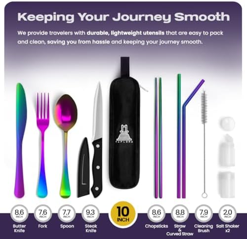 Taplord Portable Travel Silverware Set With Case, Includes 10 Pcs of Travel Utensils With Case, Stainless Steel Flatware Set For Camping, Lightweight (Multi-Color)