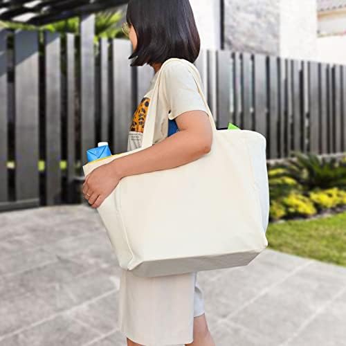 Canvas Reusable Grocery Bags Heavy Duty, 8.3 gal Foldable Large Tote Bag with Handles, Holds 60 lbs & Washable Eco-friendly Bags with 5 Pockets, Off white 1 Bags