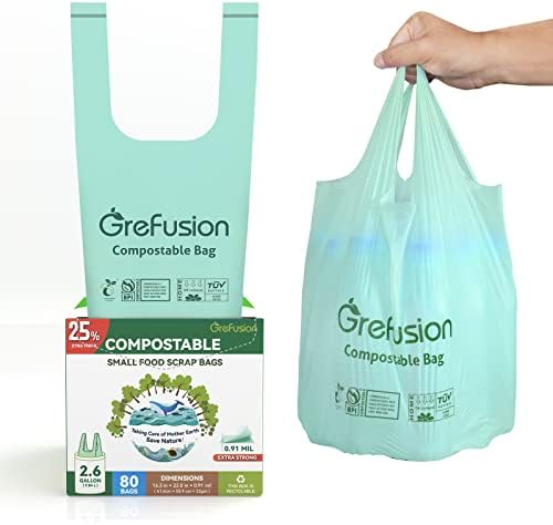 Compostable trash Bags, 2.6 Gallon,Thick 0.91 mils,Compost bin Kitchen,Food Scrap Waste Bags,Small trash bags for compost bin kitchen,Certified by BPI and OK Compost, (80 Count)