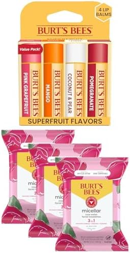 Burt's Bees Bundle - Superfruit Lip Balm, Grapefruit, Mango, Coconut & Pear, Pomegranate 4 Tubes, 0.15 oz + Rose Water Face Wipes, Micellar Makeup Remover & Facial Cleansing Towelettes, 30 Ct (3-Pack)