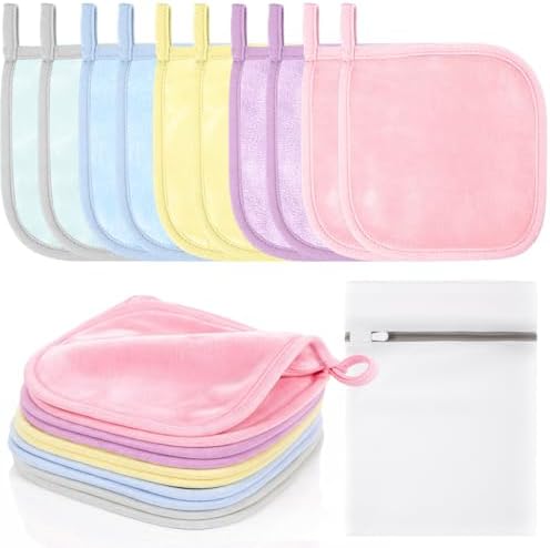 VitalCozy 10 Pack Makeup Remover Cloths, Makeup Remover Towels Reusable Face Cloth Eraser for Washing Face Microfiber Washcloth for Women Cleansing Just Water with Mesh Bag (Pastel Colors)