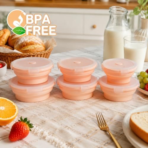 Plus 6PCS Foldable Silicone Food Storage Containers for Kitchen Storage for Leftovers Fruits and Meal Prep Dishwasher Safe Microwave Safe Ideal for Home and Travel (Pink, round)