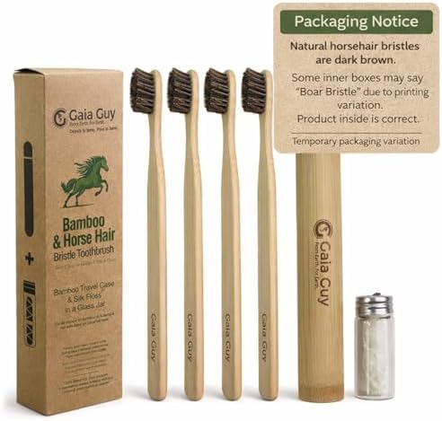 Gaia Guy Bamboo and Horsehair Bristle Toothbrush (4 Pack) + Travel Case & Silk Dental Floss | 100% Compostable Bristles and Floss | Eco-Friendly Dental Set | Biodegradable Wooden Toothbrushes