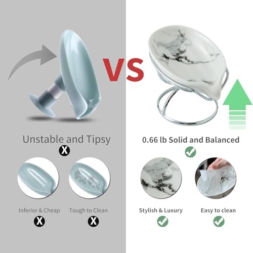 Dobbyby Leaf-Shaped Soap Dish – Ceramic Soap Bar Holder with Self-Drainage System – Bar Soap Holder for Shower, Bathroom Sink, Kitchen – Soap Dish with Stainless Steel Stand (White-Sliver-2 Pack)