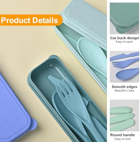 Travel Utensils Set with Case, 4 Sets Camping Utensils Wheat Straw Reusable Utensils Set With Case, Knife Fork and Spoon Utensils for Lunch Box