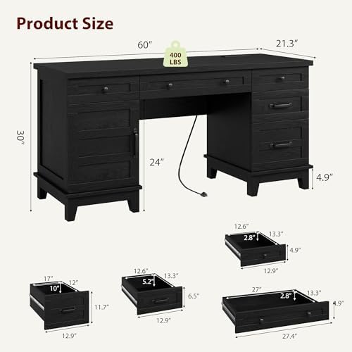 GarveeHome Farmhouse Executive Desk with File Drawers, 60 in Home Office Desk with Charging Station, Wooden Computer Desk with Cabinet Storage for Work Study Writing, Rustic Black