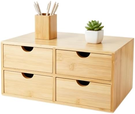 Bamboo Desk Organizer 4 Drawers, Countertop Organizer with Drawers Makeup Storage Drawer 4 Drawers Tabletop Storage Organization Box Home Office Workspace