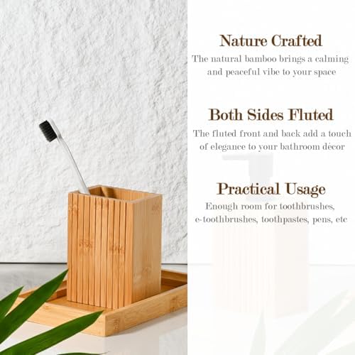 Fluted Bamboo Toothbrush Holder, Square Minimal Design