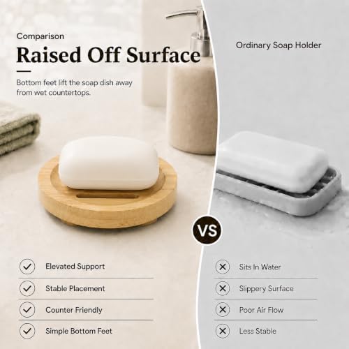 Bamboo Soap Dish for Bar Soap, Raised Wooden Holder with Drain Slots，Round Bamboo Soap Dish