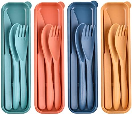 4 Sets Travel Utensils with Case, Reusable Cutlery Set for Lunch Box