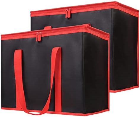 Bodaon 2-Pack Insulated Reusable Grocery Shopping Bags, X-Large Picnic Cooler Bag with Zipper Zippered Top Cold, Black with Red Edge