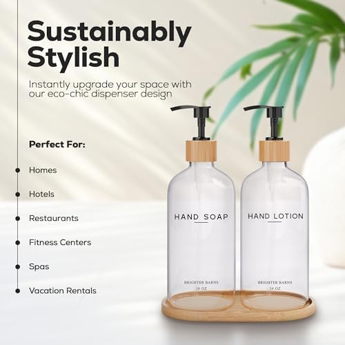 Clear Glass Soap and Lotion Dispenser Set with Tray by Brighter Barns - Hand Soap Dispenser Bathroom Set - Liquid Soap Dispenser and BPA-Free Pump - Neutral Home Decor & Modern Bathroom Accessories