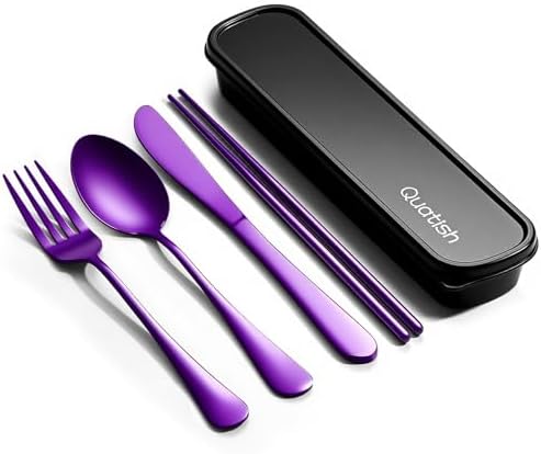 Quatish 5 Piece Travel Utensils with Case, Portable Cutlery Set, Purple