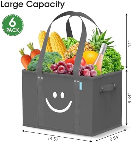Reusable Grocery Bags 6 PCS, Sturdy Handles & Bottom to Stands Upright