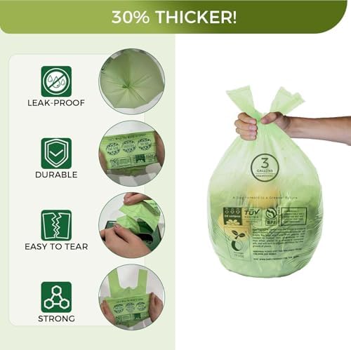 3 Gallon Compostable Trash Bags with Handle-Tie, Thick 0.67 Mil, 11.36 Liter, 80 Bags, Small Kitchen Food Scrap Waste Bag, ASTM D6400, US BPI and OK Compost Home Certified