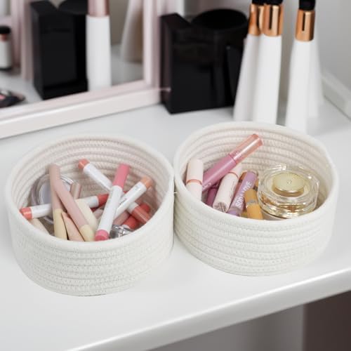 3 Pack Small Woven Cotton Rope Baskets for Organizing, White