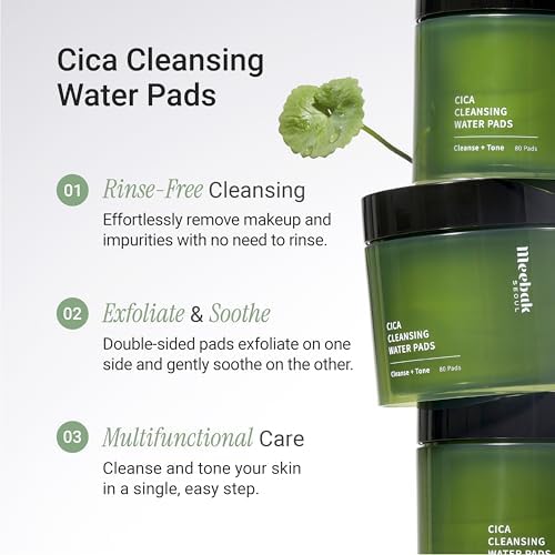 Meebak Cica Cleansing Water Pads | Korean Makeup Remover Wipes | Micellar Water Makeup Remover Wipes | Exfoliating Toner Pads for Glass Skin | Hydrating & Calming for Sensitive Skin - 80ct