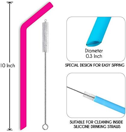 Hiware Reusable Silicone Straws, Long Flexible Silicone Drinking Straws with Cleaning Brushes for 30 oz Tumblers - 10 Pieces - BPA-Free - No Rubber Taste