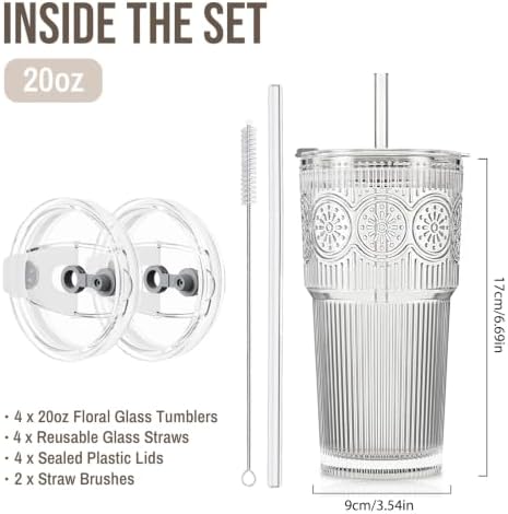SoulTimes 20oz Ribbed & Floral Glass Tumbler with Lid and Straw – Iced Coffee Glasses Cups for Smoothie, Matcha, Juice, Water etc. Leakproof and Reusable Glassware Drinking for Travel To Go [4 Pcs]