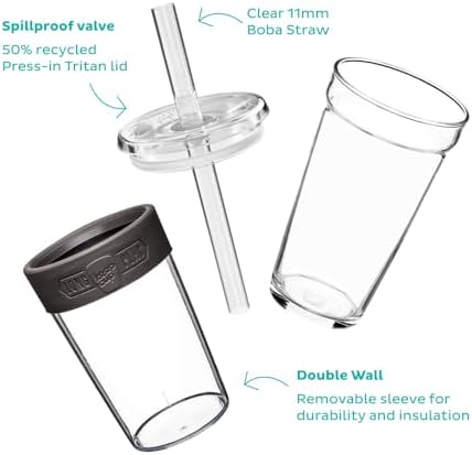 KeepCup Cold Cup - Longplay Double wall Glass Ice Coffee Tumbler with Lid and Straw - 16oz (454ml) - Cloud