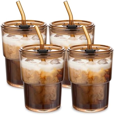 13oz Glass Tumbler with Straw and Lid, Reusable Iced Coffee Cups, Matcha Smoothies Cup, Thick Wall Seal Drinking Glassware Water Cups,Suit for Car Cup Holder (Amber-4pack)