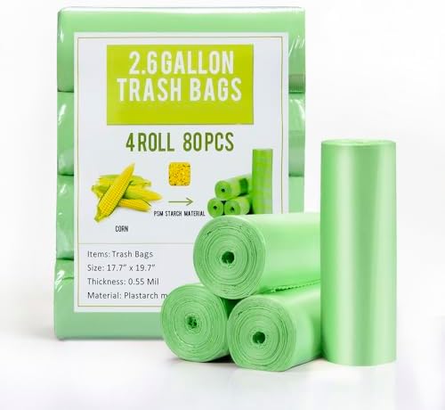 Jaoul Trash Bags 2.6 Gallon, Small Garbage Bags, Strong & Unscented Mini Trash Bags for Kitchen, Bathroom, Office, Restroom, Car, Green, 80 Counts