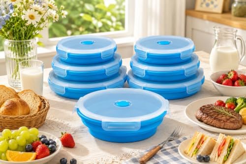 Plus 6PCS Foldable Silicone Food Storage Containers for Kitchen Storage for Leftovers Fruits and Meal Prep Dishwasher Safe Microwave Safe Ideal for Home and Travel (blue, round)