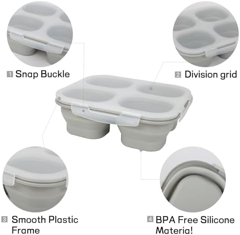 4-Compartment Collapsible Silicone Snack Containers (2-Pack), Leakproof Bento Box for Adults Portion Control, Space Saving Food Storage snakle box with Airtight Clip Lids, Microwave Safe (2)