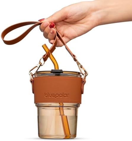 BLUEPOLAR 13 oz Tumbler Water Glass, Water Bottle with Straw and Dustproof Lid, Coffee Ice Cup Double Wall Insulated Glass Cup (Amber with Sleeve and Strap)