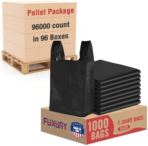 Fuxury 96000 (96K) Count Plain Black Plastic Grocery Shopping T-shirt Bags