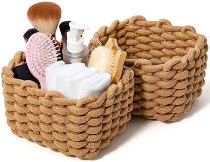 Small Cotton Rope Basket 2 Pack, Khaki Shelf Storage Bins for Desk Vanity