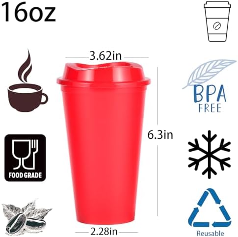 16oz Reusable Plastic Coffee Cups with Lids, 13 Pack, Rainbow