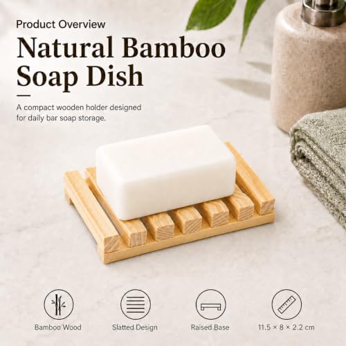 Bamboo Soap Dish for Bar Soap, Raised Wooden Holder with Drain Slots，Natural Pine Wood Soap Box