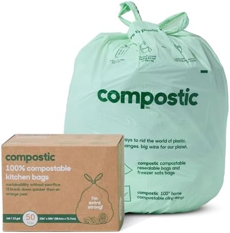 Compostic Compostable Trash Bags, 13 Gallon Tall Kitchen (50 Count) Starter Pack — Extra Strong, Home Compostable, Plant-Based, Non-Toxic, Unscented Garbage Bags