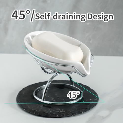 Dobbyby Leaf-Shaped Soap Dish – Premium Ceramic Soap Bar Holder with Self-Drainage System – Bar Soap Holder for Shower, Bathroom Sink, Kitchen – Waterfall Soap Dish with Stainless Steel Stand (SLIVER)