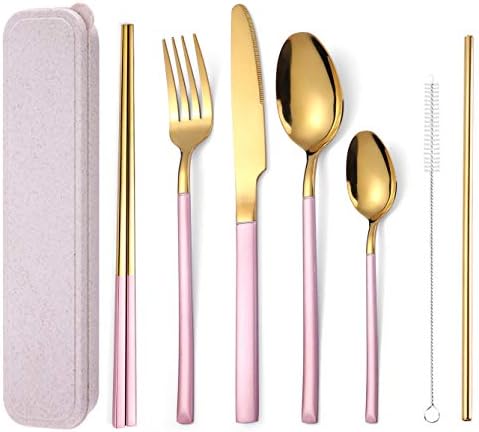 AARAINBOW 7 Pieces Stainless Steel Flatware Set Portable Reusable Cutlery Set Travel Utensils Set Including Chopsticks Knife Fork Spoon Straws Cleaning Brush Dishwasher Safe (Pink Golden)