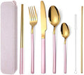 AARAINBOW 7 Pieces Stainless Steel Flatware Set Portable Reusable Cutlery Set Travel Utensils Set Including Chopsticks Knife Fork Spoon Straws Cleaning Brush Dishwasher Safe (Pink Golden)