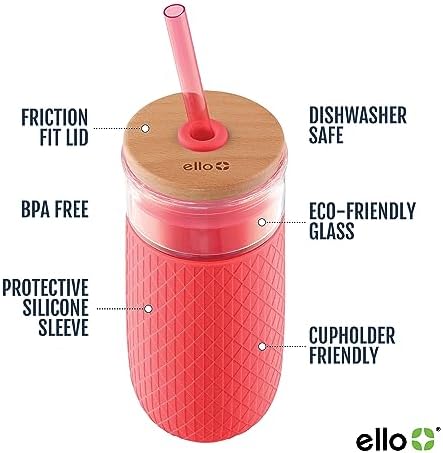 Ello Devon 18oz Glass Tumbler with Straw & Lid for Iced Coffee, Coral