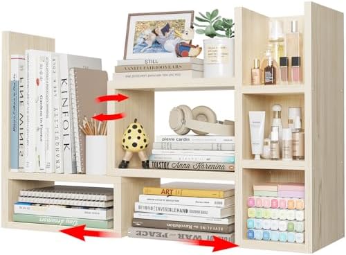 NUTIKAS Desk Shelves Desktop Organizer Shlef - Natural Wood Tone Office Organization for Top of Desk Organizers and Accessories Corner Bookshelf Table Top Shelving Small Hutch Decorations for Office