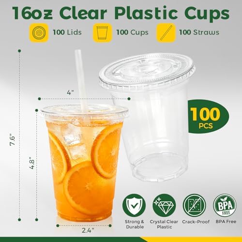 Charmount 100 Sets 16 oz Plastic Cups with Lids and Straws