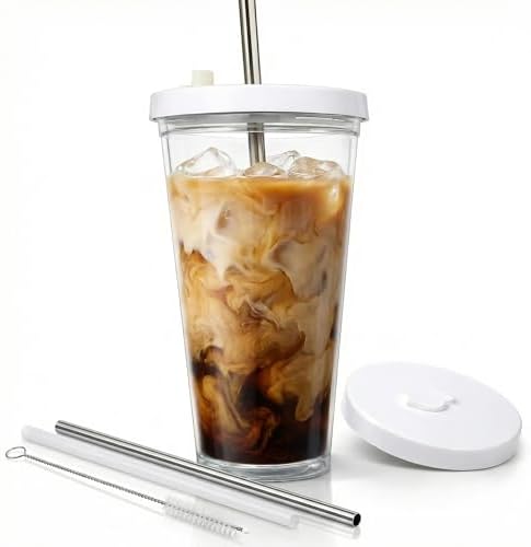 Reusable Iced Coffee Cup with Lid and Straw, 24 oz/Venti, BPA-Free Double-Wall Insulated Plastic Tumbler for Cold Drinks, Includes Clear Plastic Straw, Stainless Steel Straw and Cleaning Brush, White