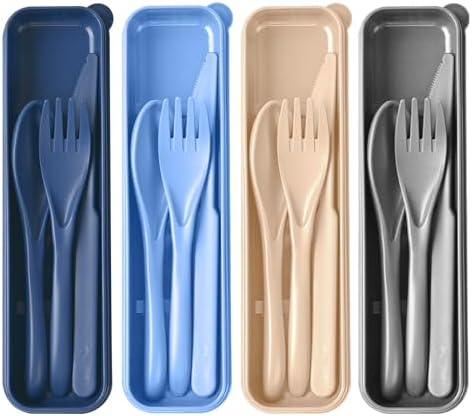 Travel Utensils Set with Case, 4 Sets Camping Utensils Wheat Straw Reusable Utensils Set With Case, Knife Fork and Spoon Utensils for Lunch Box